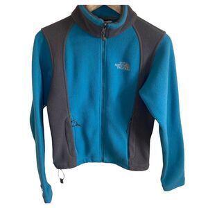 The North Face - blue and gray color blocked fleece zip up jacket